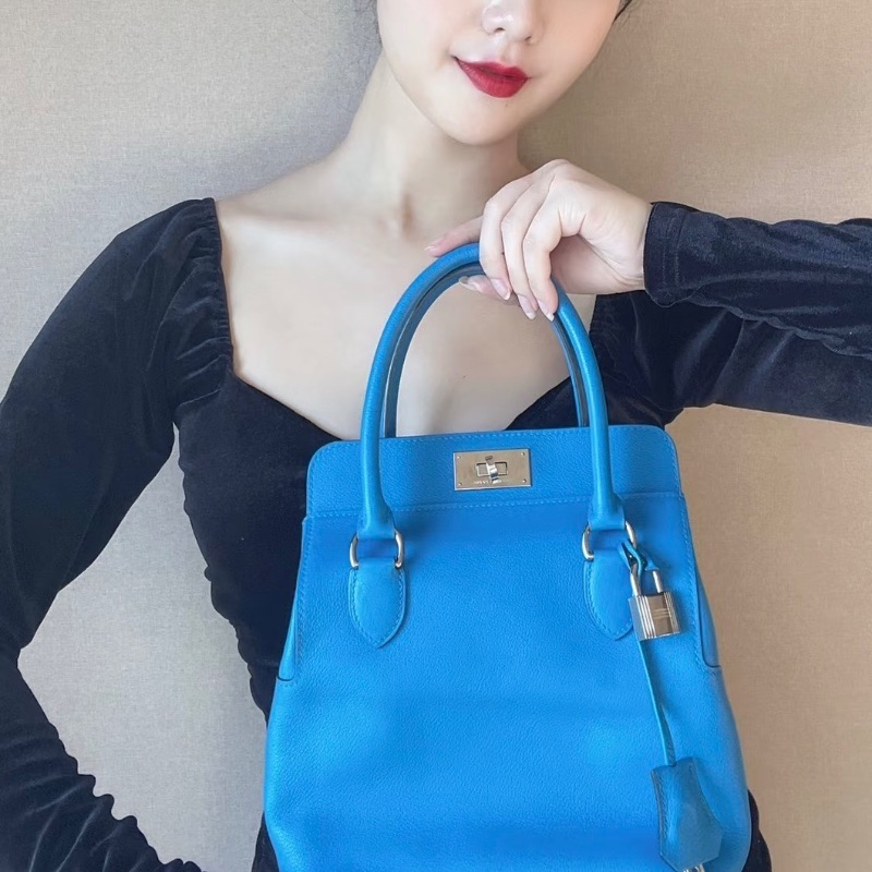 HERMES松石藍銀扣牛奶盒子toolbox20手提肩背包20*23*15 98新配件塵袋鎖鑰匙-0