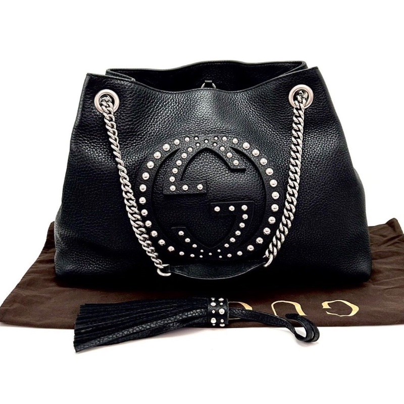 GUCCI 黑銀手工鉚釘全皮手提肩背腋下包37*15*12 98新配件塵袋-1