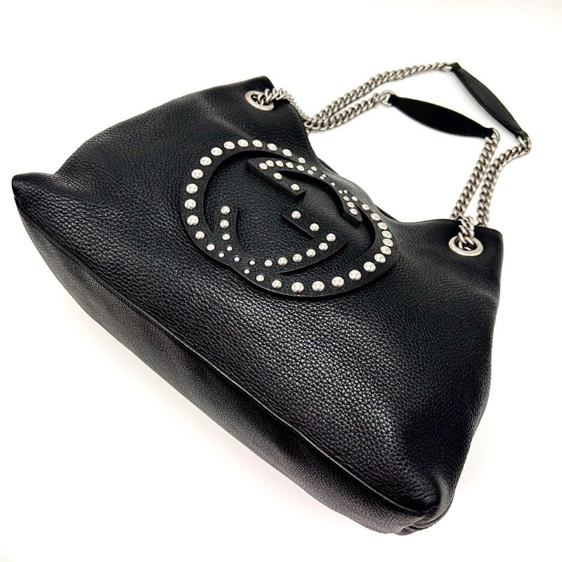 GUCCI 黑銀手工鉚釘全皮手提肩背腋下包37*15*12 98新配件塵袋-5