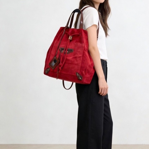 BALENCIAGA 紅棕拼色 麂皮手提托特包33*39*20 98新配件塵袋