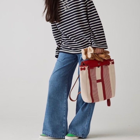 Hermes Herbag後背包紅色拼米色 帆布拼皮29*36*11 99新盒子 塵袋 鑰匙鎖 子袋