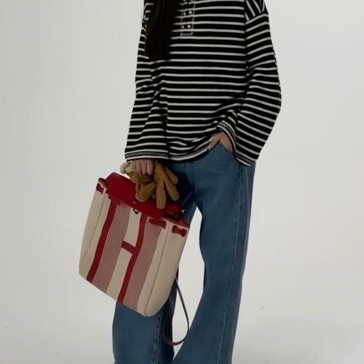 Hermes Herbag後背包紅色拼米色 帆布拼皮29*36*11 99新盒子 塵袋 鑰匙鎖 子袋-1