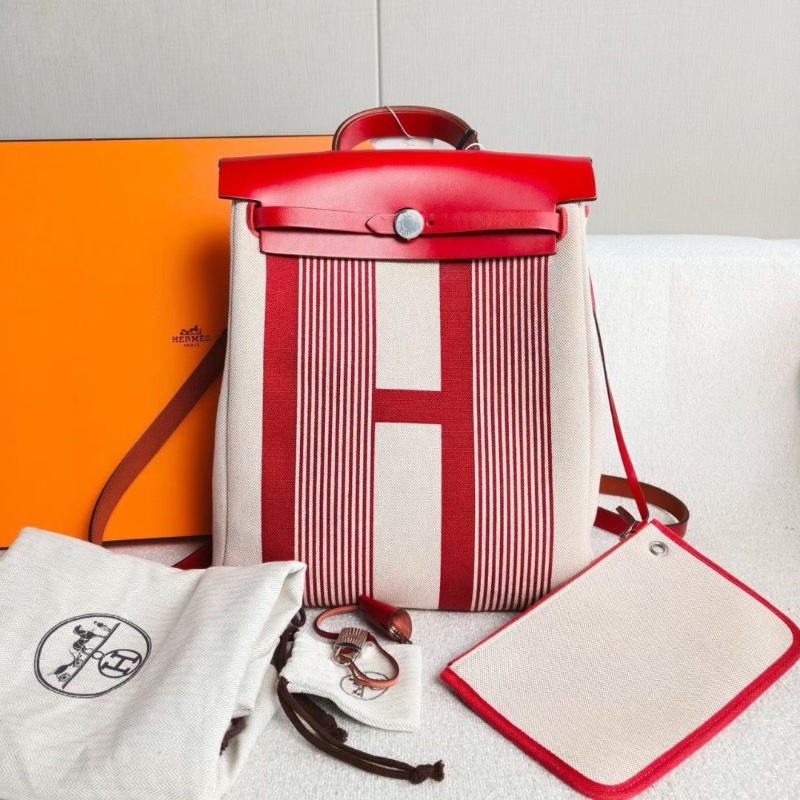 Hermes Herbag後背包紅色拼米色 帆布拼皮29*36*11 99新盒子 塵袋 鑰匙鎖 子袋-2
