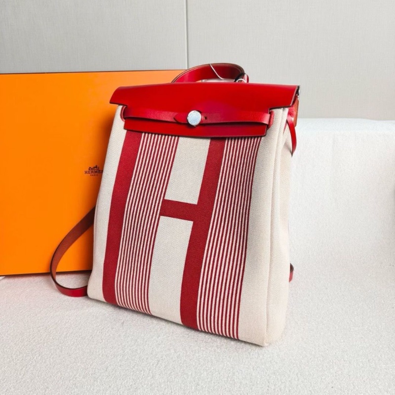 Hermes Herbag後背包紅色拼米色 帆布拼皮29*36*11 99新盒子 塵袋 鑰匙鎖 子袋-3