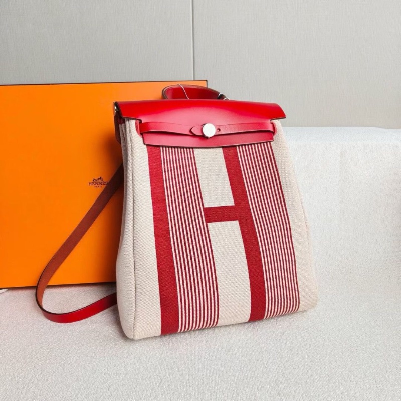 Hermes Herbag後背包紅色拼米色 帆布拼皮29*36*11 99新盒子 塵袋 鑰匙鎖 子袋-4