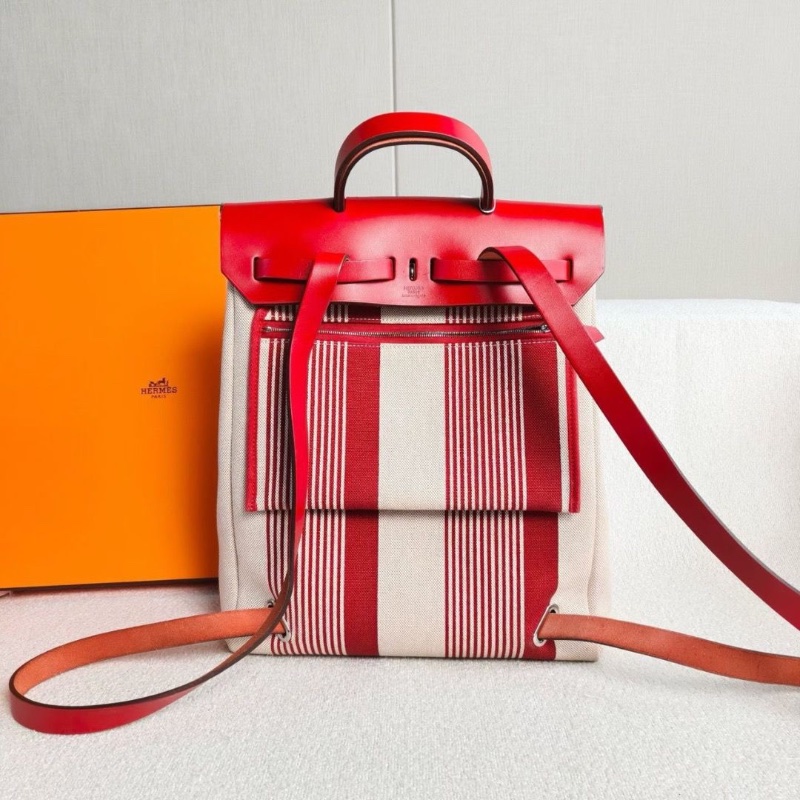 Hermes Herbag後背包紅色拼米色 帆布拼皮29*36*11 99新盒子 塵袋 鑰匙鎖 子袋-6
