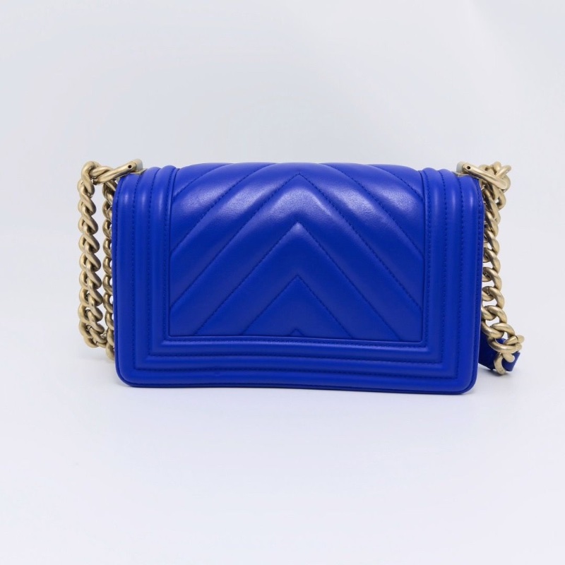 CHANEL 藍金V紋 Leboy小號肩背斜背包20*12*6 98新配件盒子塵袋-5