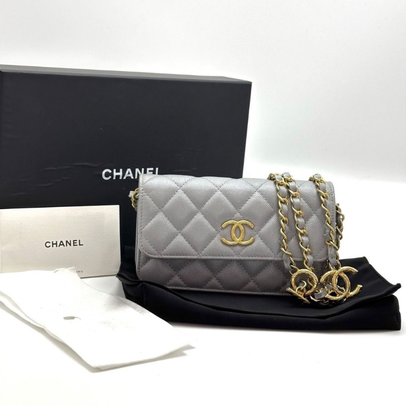 CHANEL 灰色金扣荔枝Woc肩背斜背鏈條包17*10*4.5 98新配件盒子塵袋-1