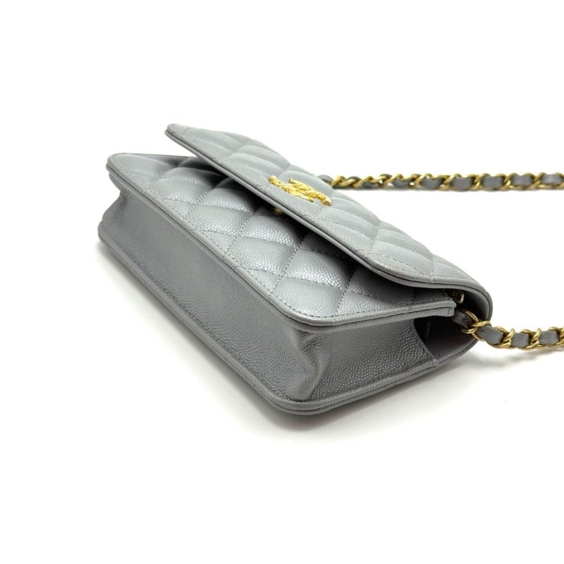 CHANEL 灰色金扣荔枝Woc肩背斜背鏈條包17*10*4.5 98新配件盒子塵袋-2