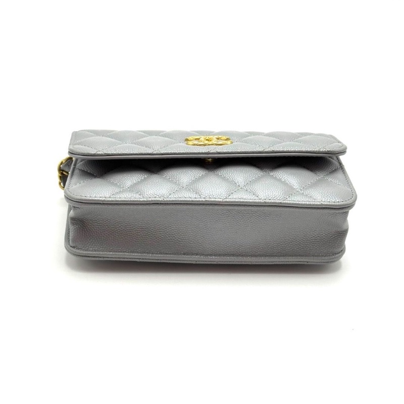 CHANEL 灰色金扣荔枝Woc肩背斜背鏈條包17*10*4.5 98新配件盒子塵袋-3