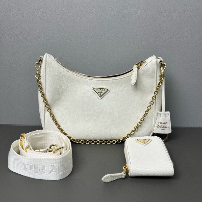 Prada 三合一腋下包經典Saffiano白色hobo鏈條包 雙肩帶 21*13*6.5 98新配件肩帶鏈條塵袋-1