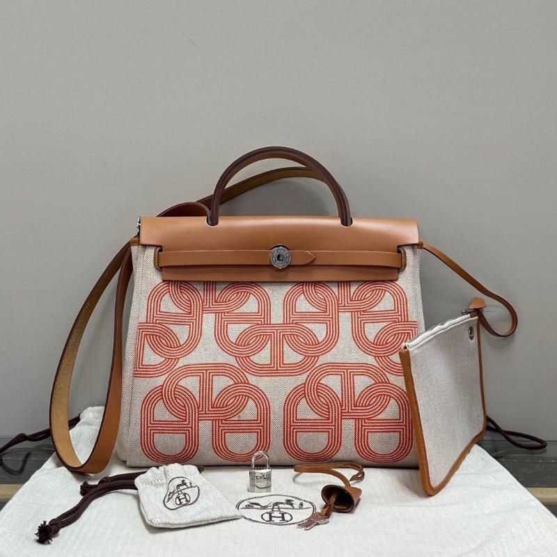 HERMES 帆布拼皮herbag31子母手提斜背包31*25*12 98新配件大小塵袋 鎖鑰匙-1