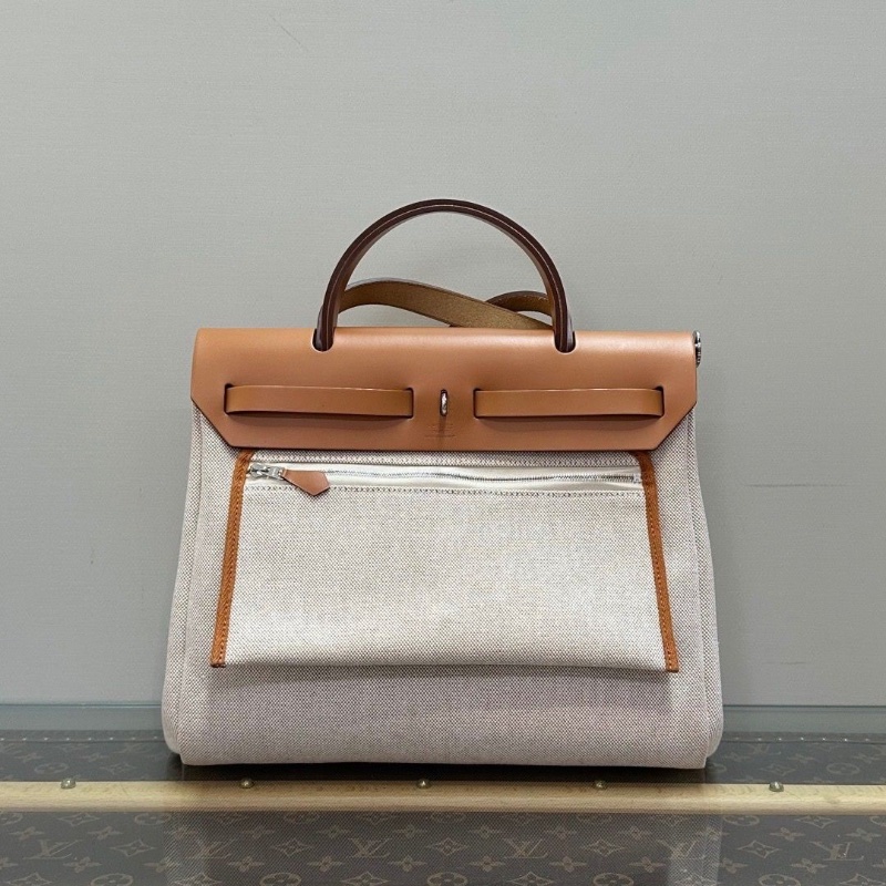HERMES 帆布拼皮herbag31子母手提斜背包31*25*12 98新配件大小塵袋 鎖鑰匙-3