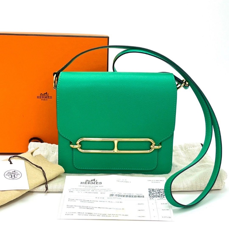 HERMES 竹子綠金扣 豬鼻子19肩背斜背包19*16*6 98新配件盒子塵袋購證吊牌毛毡布-1