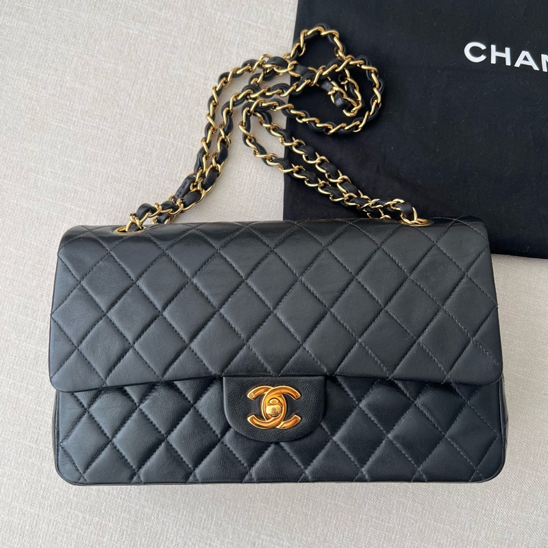 近新收藏級老香CHANEL CF25 香奈兒25cm 黑金羊皮 vintage-5