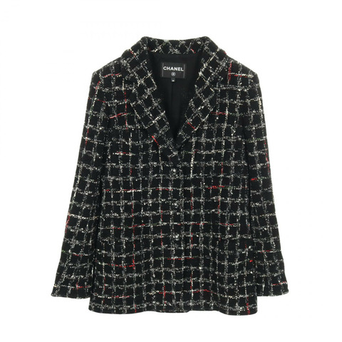 香奈兒 COCO 標誌紐扣斜紋軟呢外套 P73609V65153 羊毛棉黑多色二手女裝