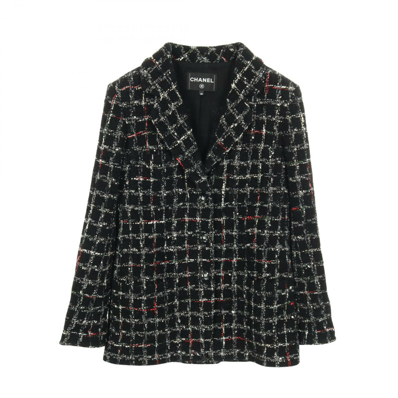 香奈兒 COCO 標誌紐扣斜紋軟呢外套 P73609V65153 羊毛棉黑多色二手女裝-0