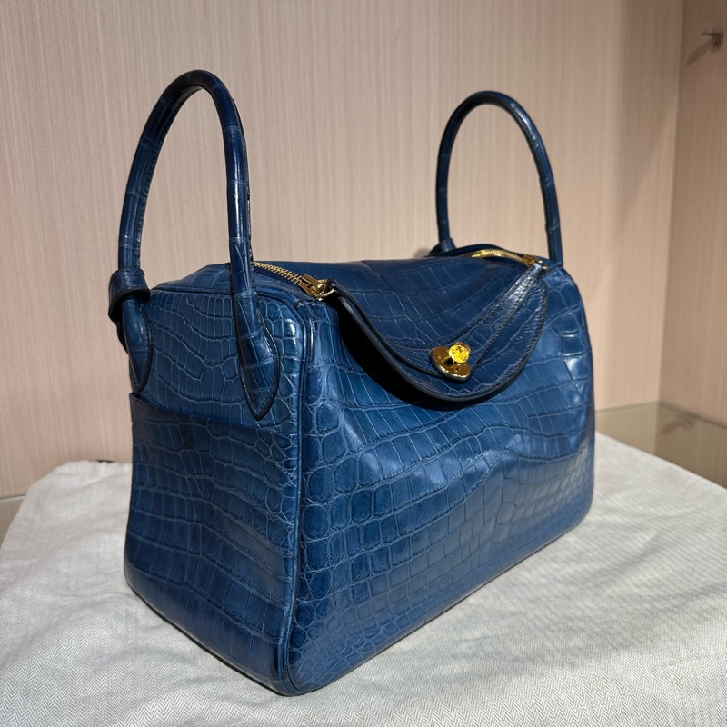 HERMES愛馬仕 Lindy 30 金扣藍色鰐魚皮-1