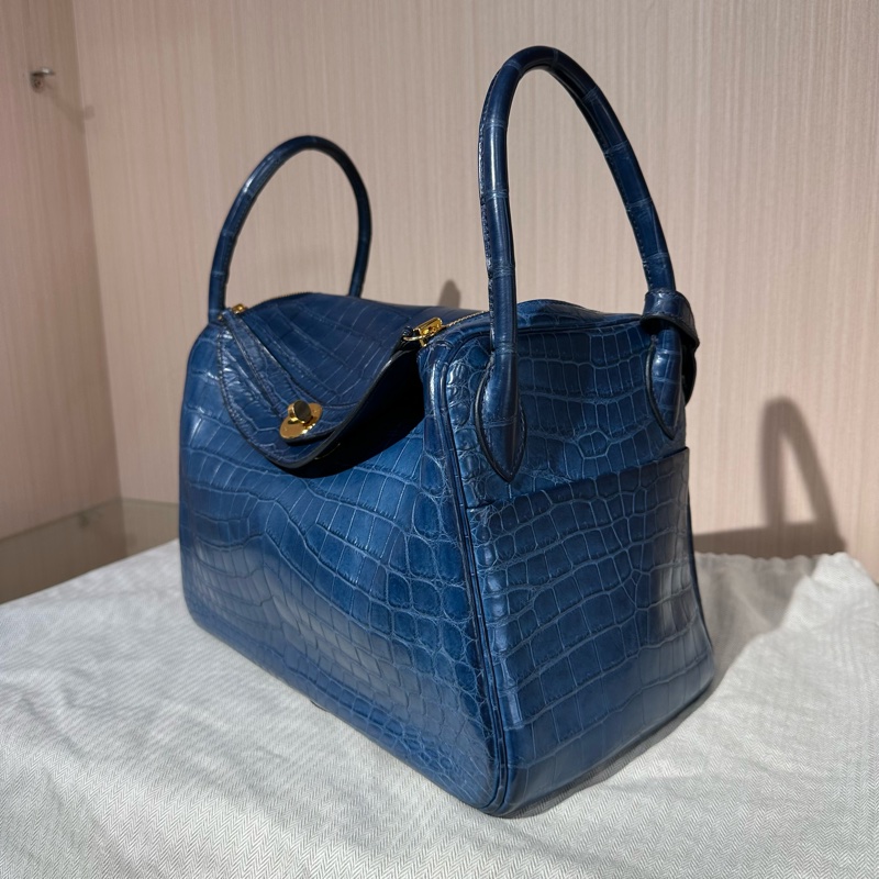 HERMES愛馬仕 Lindy 30 金扣藍色鰐魚皮-2
