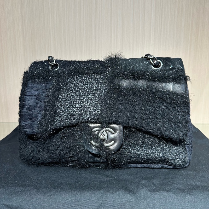 Chanel香奈儿黑银CF乞丐毛呢拼接Jumbo链条包 限量款-0