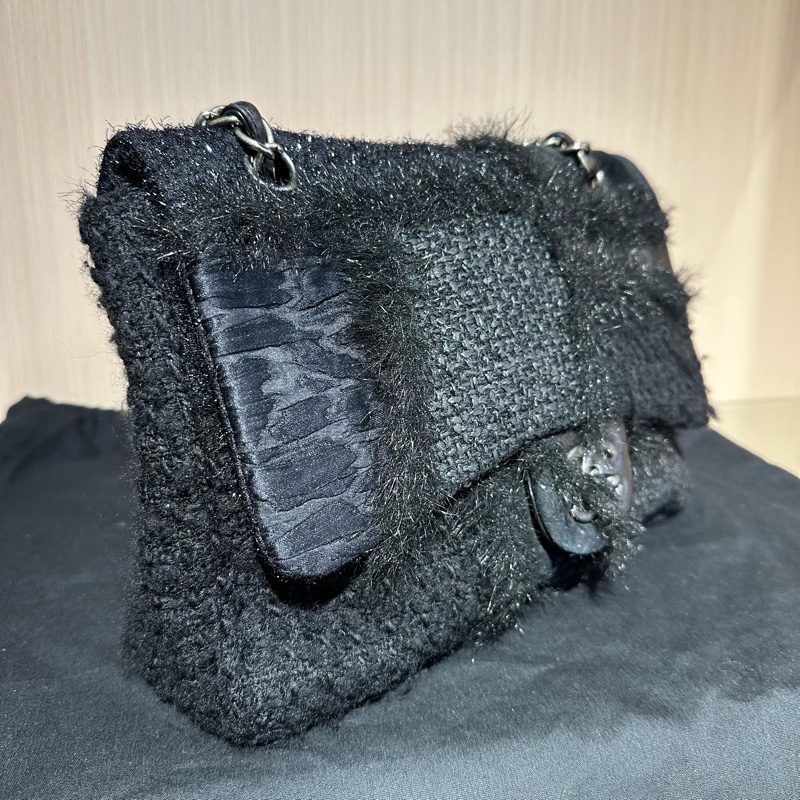 Chanel香奈儿黑银CF乞丐毛呢拼接Jumbo链条包 限量款-1