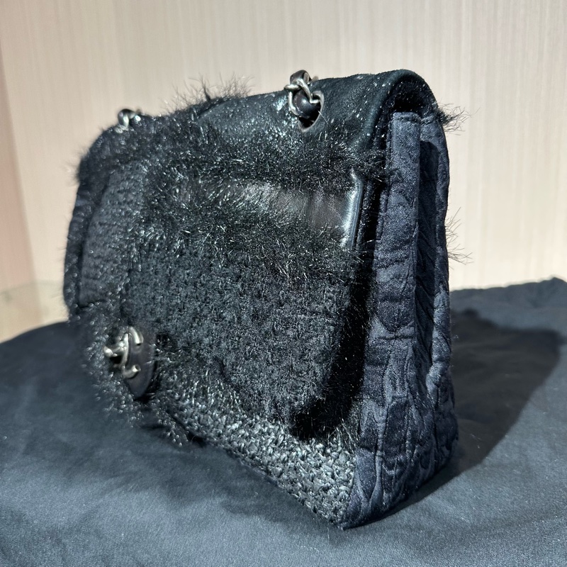 Chanel香奈儿黑银CF乞丐毛呢拼接Jumbo链条包 限量款-2