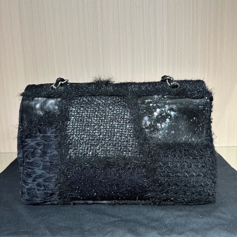 Chanel香奈儿黑银CF乞丐毛呢拼接Jumbo链条包 限量款-3