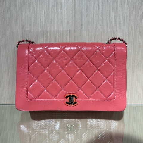 Chanel 香奈兒 粉色 牛皮油蠟皮 全皮翻蓋包woc
