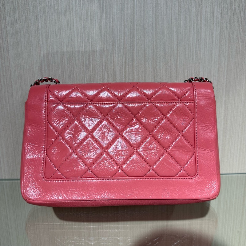 Chanel 香奈兒 粉色 牛皮油蠟皮 全皮翻蓋包woc-3