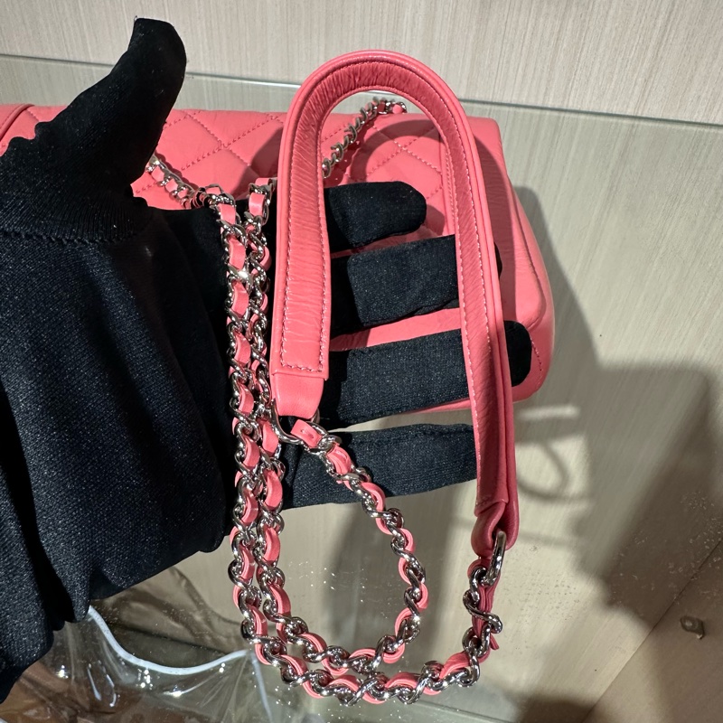 Chanel 香奈兒 粉色 牛皮油蠟皮 全皮翻蓋包woc-9