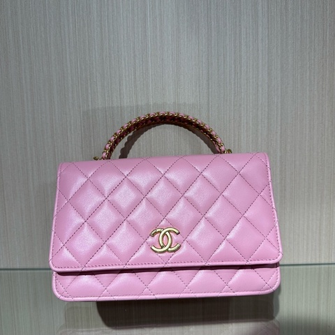 CHANEL香奈兒 菱格皮穿鏈 小羊皮 單肩手提包 淺粉色