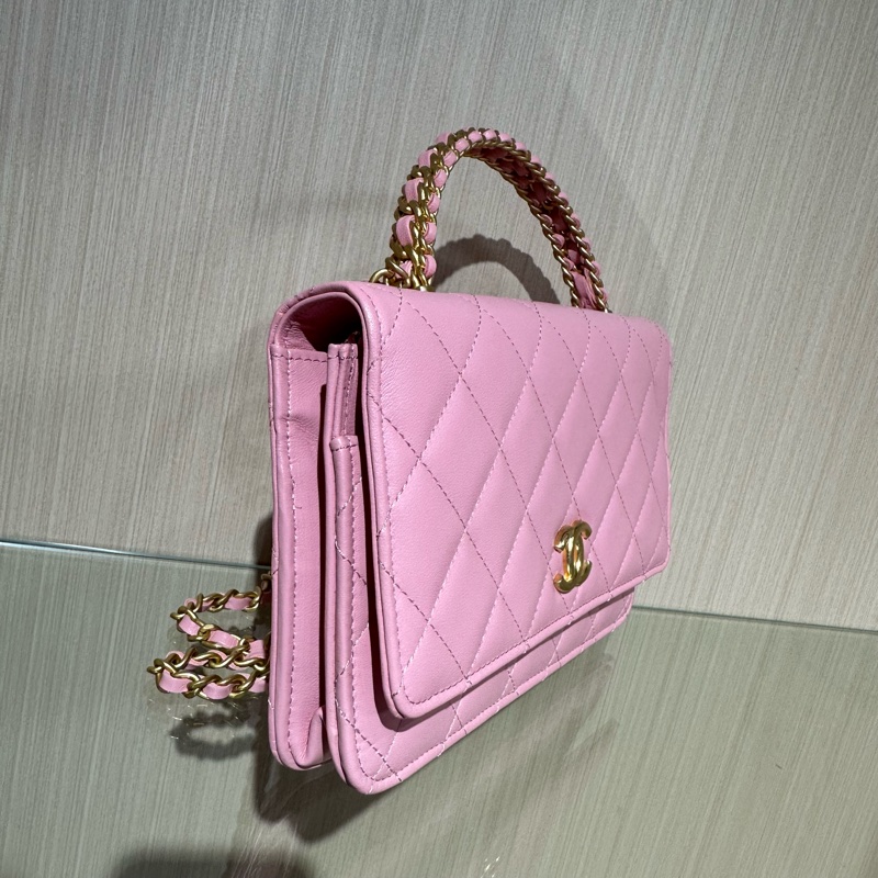 CHANEL香奈兒 菱格皮穿鏈 小羊皮 單肩手提包 淺粉色-1