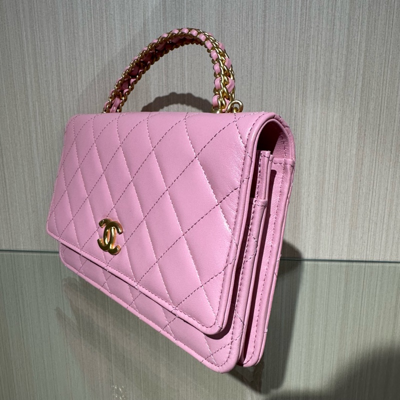 CHANEL香奈兒 菱格皮穿鏈 小羊皮 單肩手提包 淺粉色-2