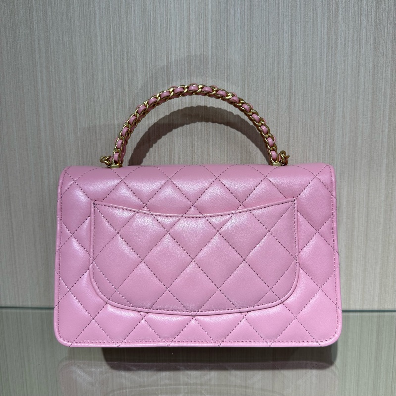 CHANEL香奈兒 菱格皮穿鏈 小羊皮 單肩手提包 淺粉色-3