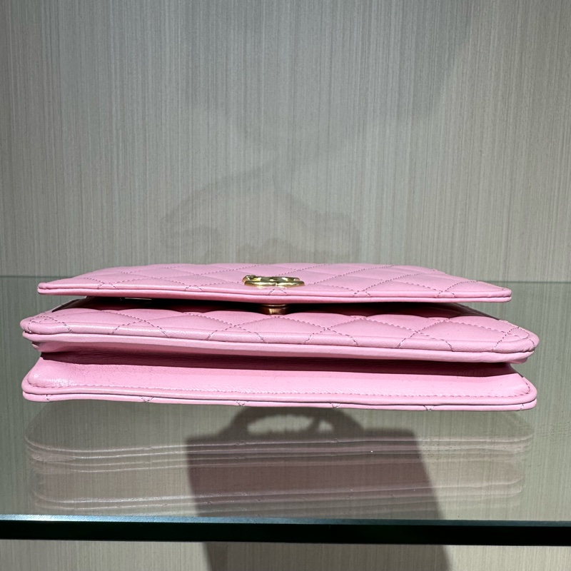 CHANEL香奈兒 菱格皮穿鏈 小羊皮 單肩手提包 淺粉色-4