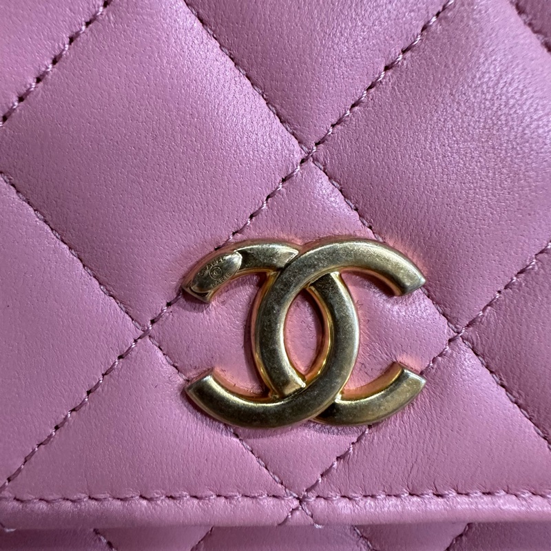 CHANEL香奈兒 菱格皮穿鏈 小羊皮 單肩手提包 淺粉色-5