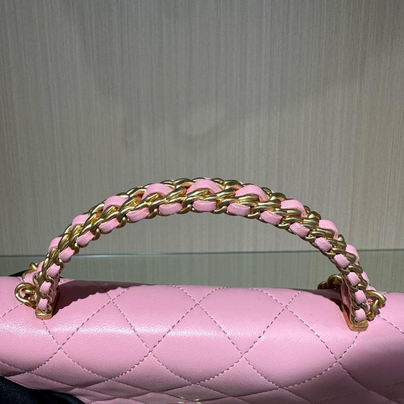 CHANEL香奈兒 菱格皮穿鏈 小羊皮 單肩手提包 淺粉色-6