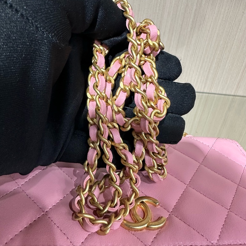 CHANEL香奈兒 菱格皮穿鏈 小羊皮 單肩手提包 淺粉色-9