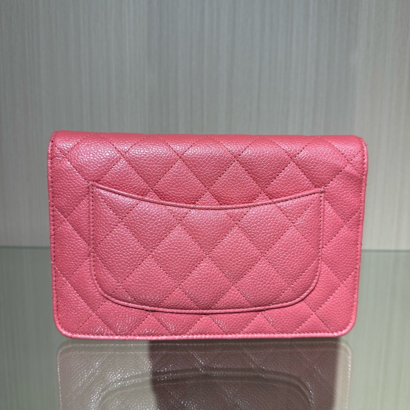CHANEL香奈兒 WOC 金扣菱格皮鏈 顆粒牛皮 發財包珊瑚粉色-3