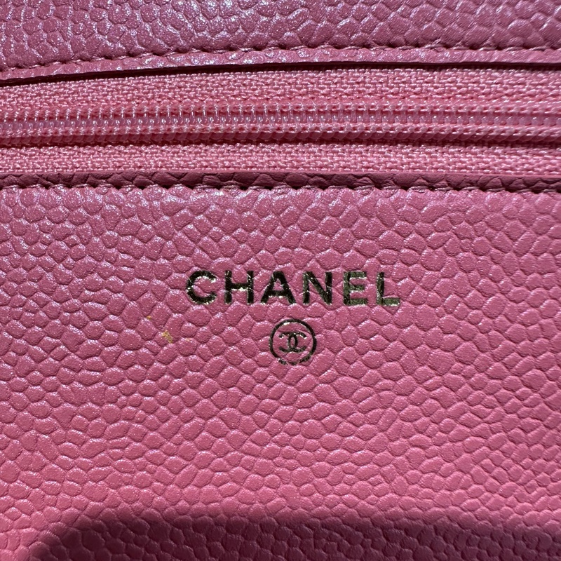 CHANEL香奈兒 WOC 金扣菱格皮鏈 顆粒牛皮 發財包珊瑚粉色-6