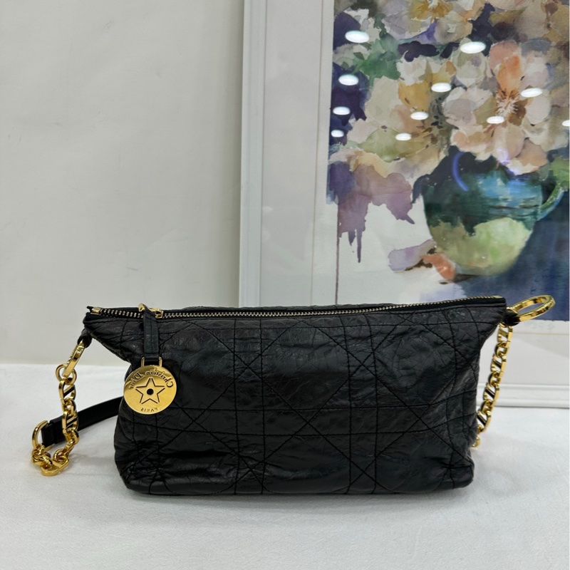 Dior Diorstar Hobo 黑色褶皺牛皮革超大藤格紋 尺寸：28.5*14.5*10-1