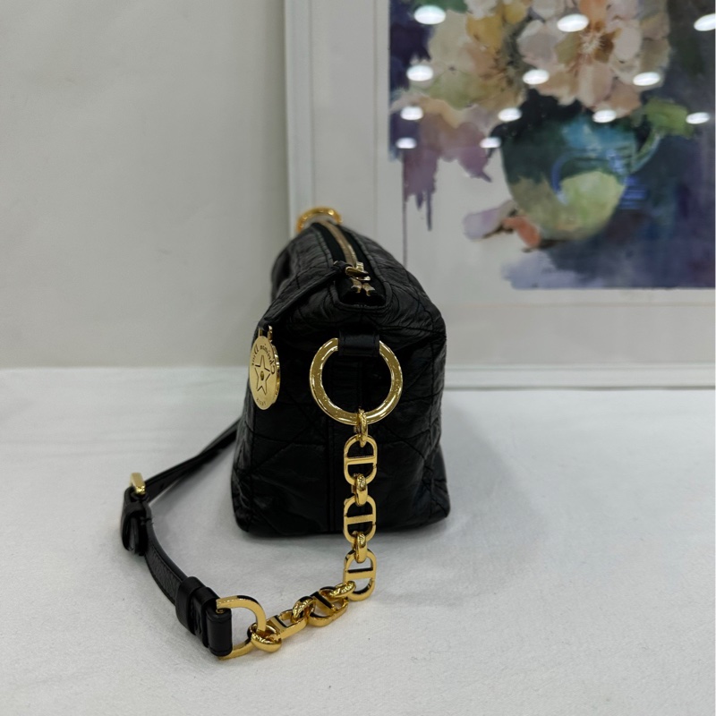 Dior Diorstar Hobo 黑色褶皺牛皮革超大藤格紋 尺寸：28.5*14.5*10-3
