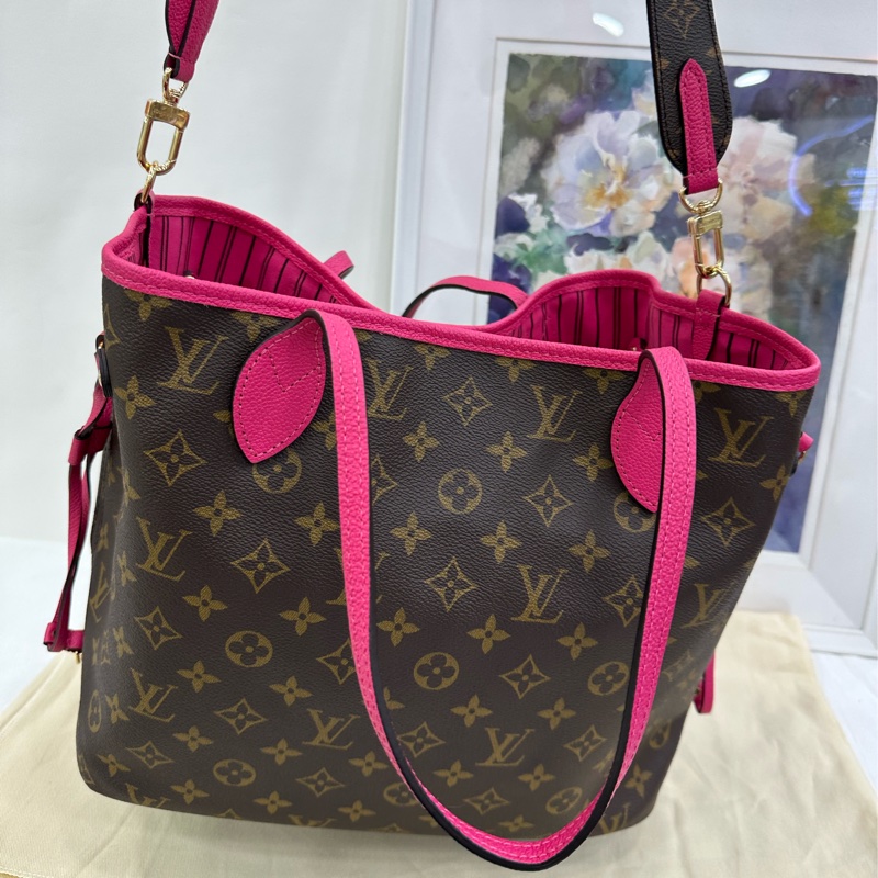 LV路易威登 新款寬肩帶雙面neverfull中號購物袋 玫紅色內裡 25年晶片 閒置-5