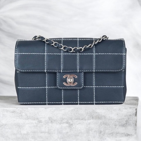 「JL精品代購」98新 Chanel 冰格黑銀cf 海軍藍