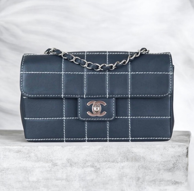 「JL精品代購」98新 Chanel 冰格黑銀cf 海軍藍-0