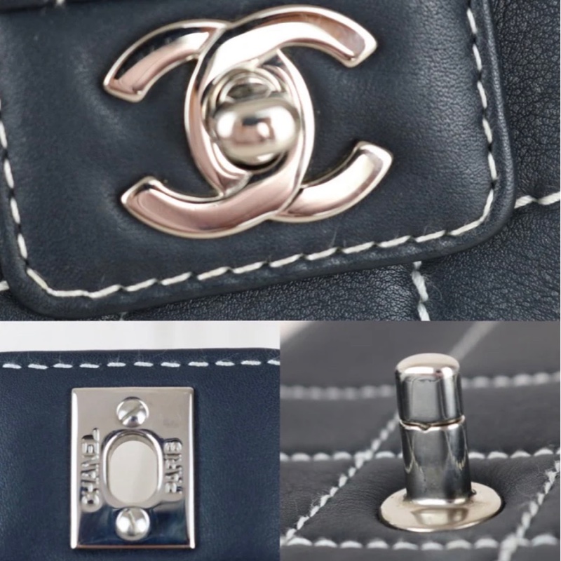 「JL精品代購」98新 Chanel 冰格黑銀cf 海軍藍-7