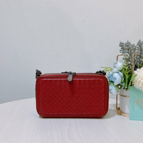 TK1925 葆蝶家 紅色編織 斜孭袋 Bottega Veneta Double Zip Chain Crossbody Bag Intrecciato Nappa Red