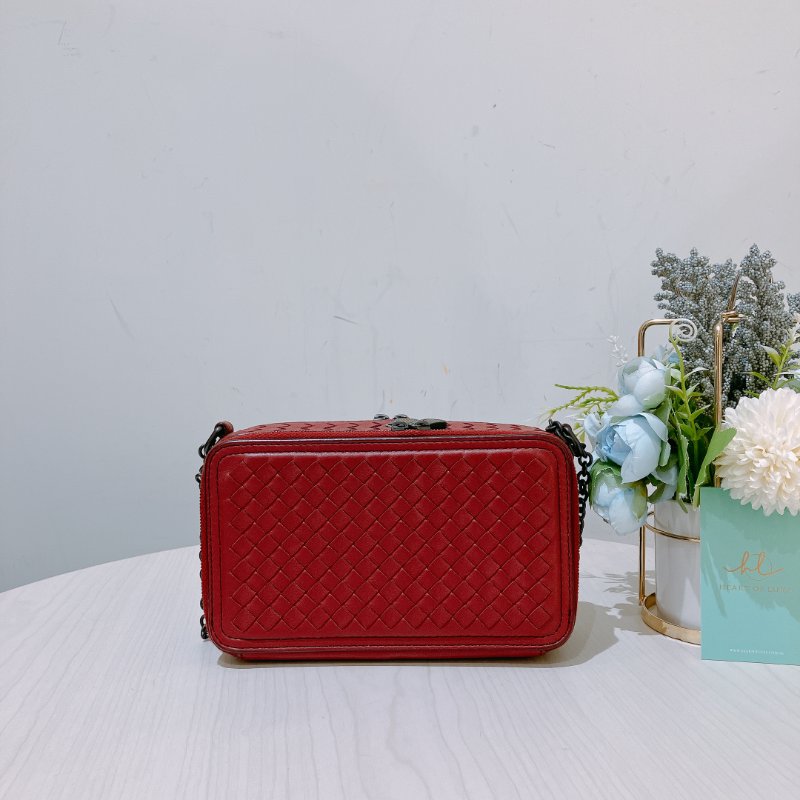 TK1925 葆蝶家 紅色編織 斜孭袋 Bottega Veneta Double Zip Chain Crossbody Bag Intrecciato Nappa Red-1