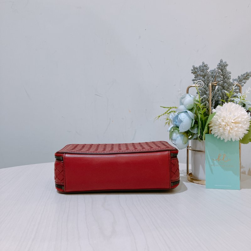 TK1925 葆蝶家 紅色編織 斜孭袋 Bottega Veneta Double Zip Chain Crossbody Bag Intrecciato Nappa Red-4