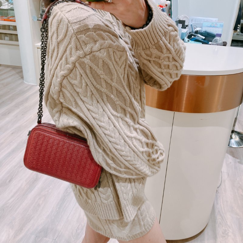 TK1925 葆蝶家 紅色編織 斜孭袋 Bottega Veneta Double Zip Chain Crossbody Bag Intrecciato Nappa Red-10